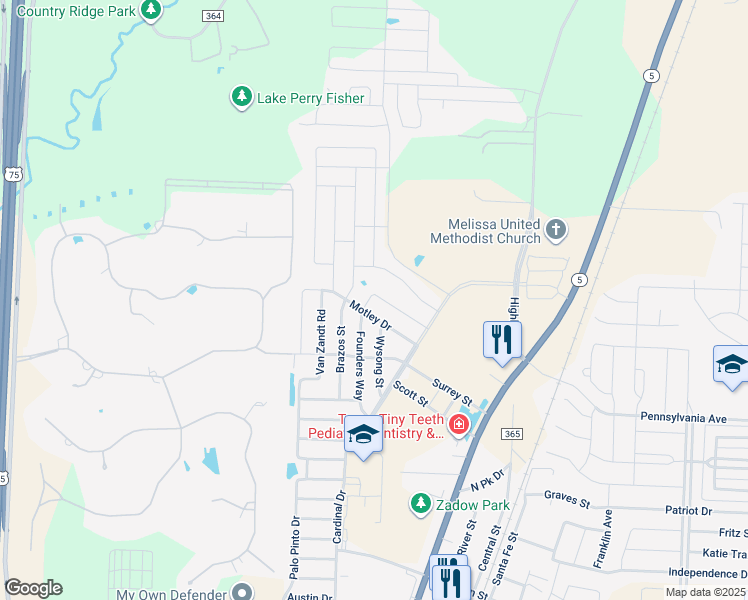 map of restaurants, bars, coffee shops, grocery stores, and more near 1214 Coleman Drive in Melissa