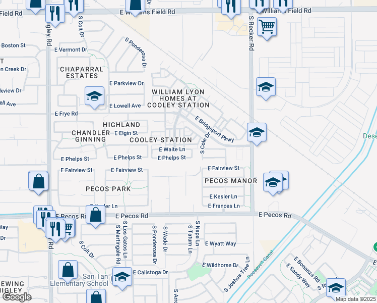 map of restaurants, bars, coffee shops, grocery stores, and more near 3731 East Waite Lane in Gilbert