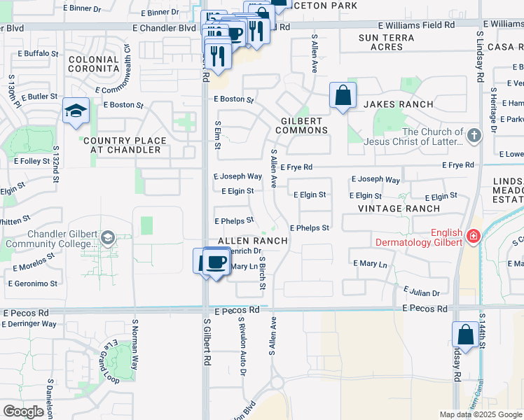map of restaurants, bars, coffee shops, grocery stores, and more near 2906 South Birch Street in Gilbert