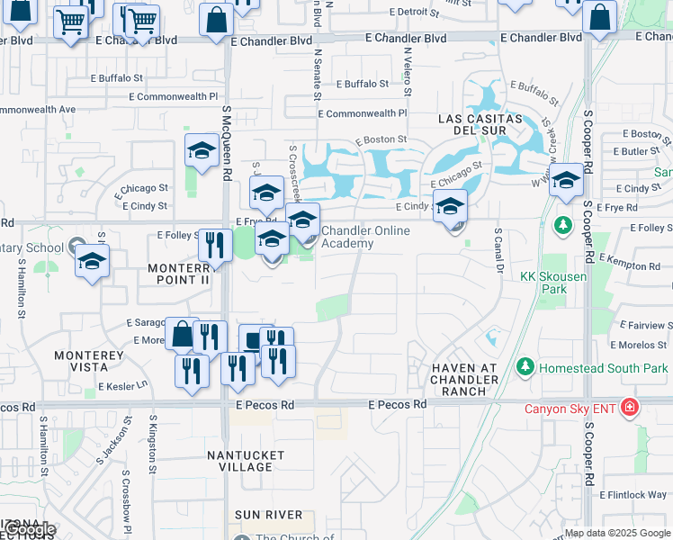 map of restaurants, bars, coffee shops, grocery stores, and more near 1344 East Whitten Place in Chandler