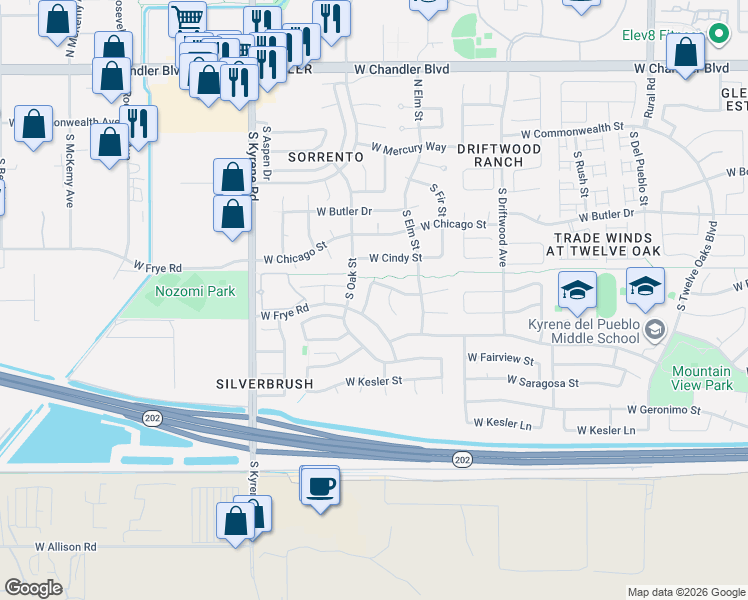 map of restaurants, bars, coffee shops, grocery stores, and more near 5653 West Folley Street in Chandler