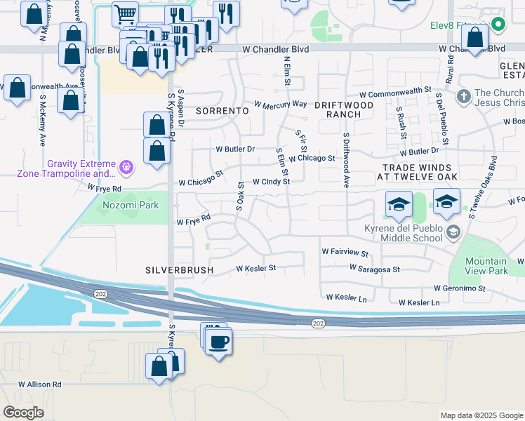 map of restaurants, bars, coffee shops, grocery stores, and more near 270 South Cypress Court in Chandler