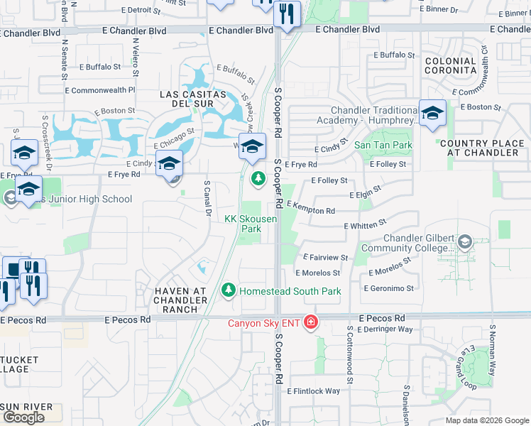 map of restaurants, bars, coffee shops, grocery stores, and more near 482 South Cooper Road in Chandler