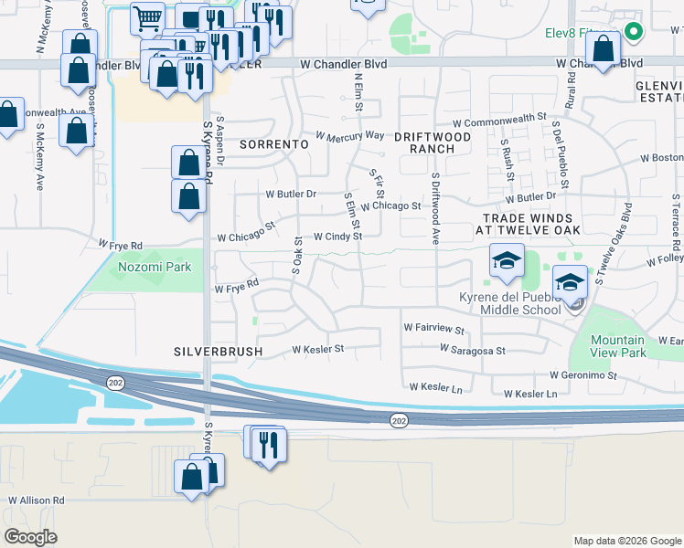 map of restaurants, bars, coffee shops, grocery stores, and more near 5607 West Folley Street in Chandler