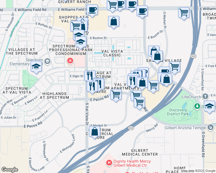 map of restaurants, bars, coffee shops, grocery stores, and more near 1760 East Pecos Road in Gilbert