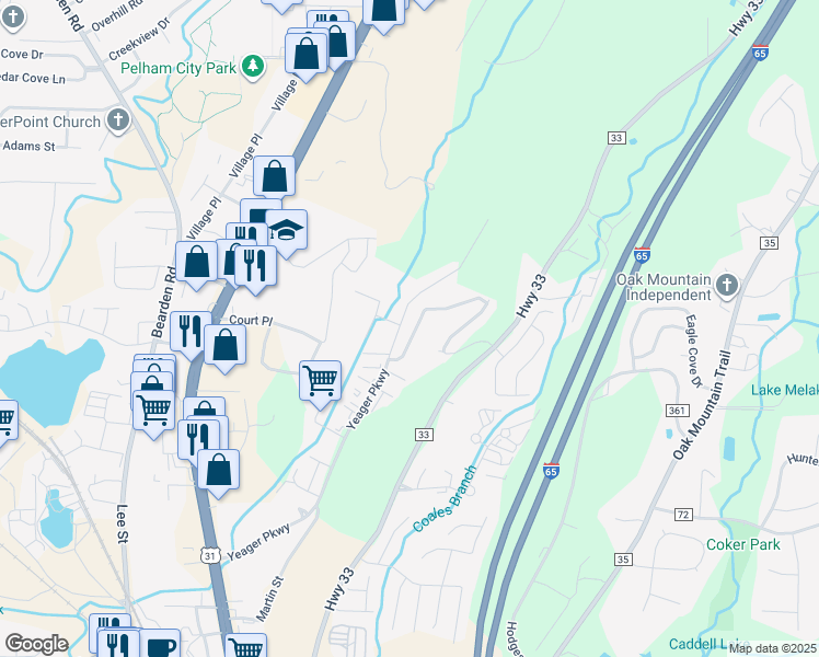 map of restaurants, bars, coffee shops, grocery stores, and more near 440 Cambrian Ridge Trail in Pelham