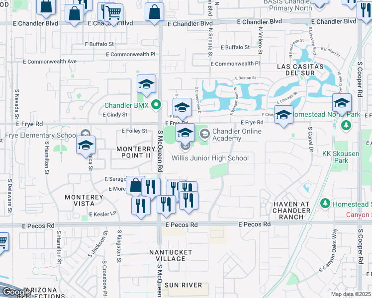 map of restaurants, bars, coffee shops, grocery stores, and more near 401 South McQueen Road in Chandler