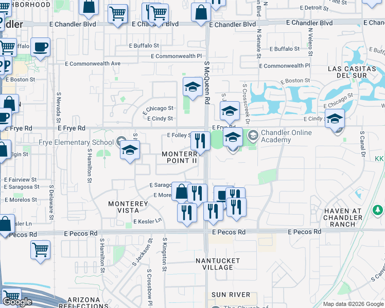 map of restaurants, bars, coffee shops, grocery stores, and more near 960 East Whitten Street in Chandler