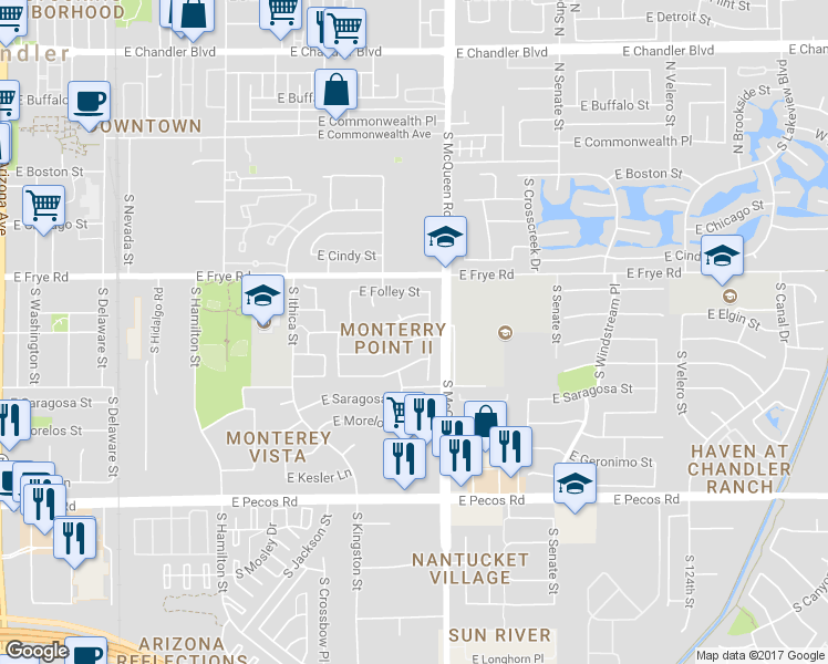 map of restaurants, bars, coffee shops, grocery stores, and more near 960 East Whitten Street in Chandler
