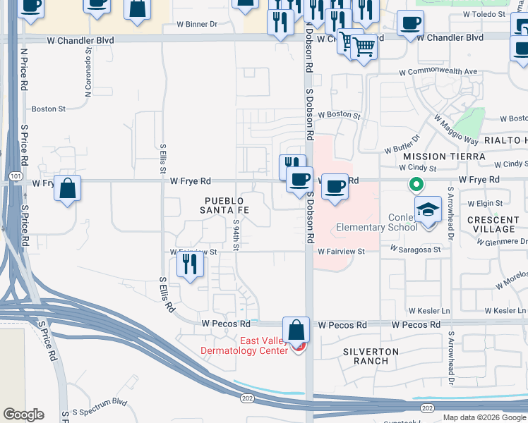 map of restaurants, bars, coffee shops, grocery stores, and more near 2225 West Frye Road in Chandler