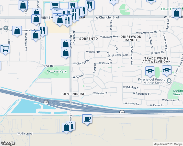 map of restaurants, bars, coffee shops, grocery stores, and more near 5770 West Frye Road in Chandler