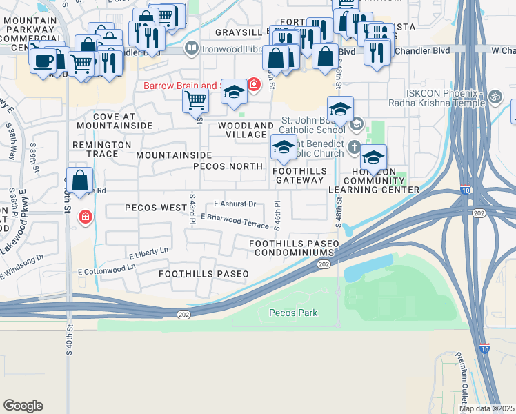 map of restaurants, bars, coffee shops, grocery stores, and more near 4539 East Ashurst Drive in Phoenix