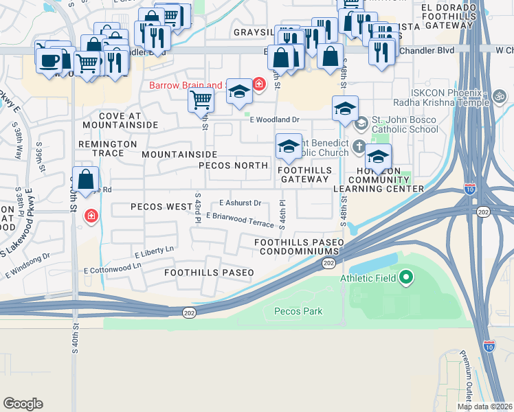 map of restaurants, bars, coffee shops, grocery stores, and more near 4539 East Ashurst Drive in Phoenix