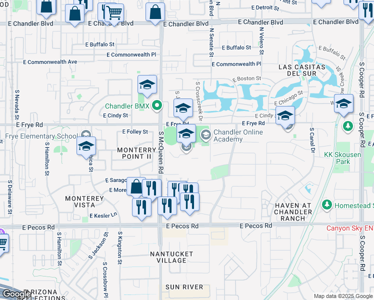 map of restaurants, bars, coffee shops, grocery stores, and more near 401 South McQueen Road in Chandler