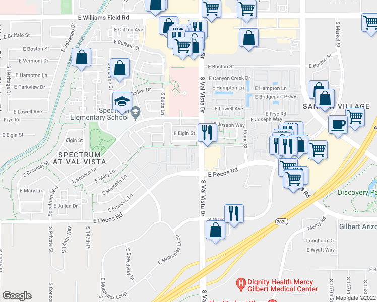 map of restaurants, bars, coffee shops, grocery stores, and more near 1480 East Pecos Road in Gilbert