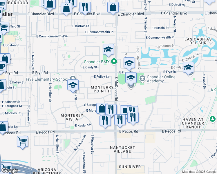 map of restaurants, bars, coffee shops, grocery stores, and more near 960 East Whitten Street in Chandler