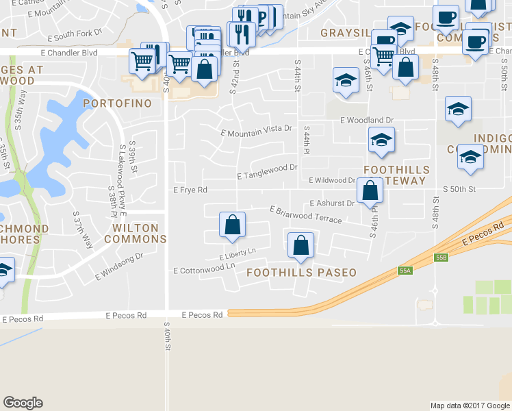 map of restaurants, bars, coffee shops, grocery stores, and more near 16415 South 42nd Place in Phoenix