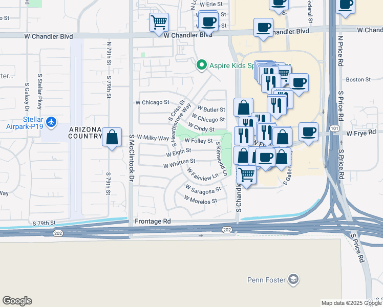 map of restaurants, bars, coffee shops, grocery stores, and more near 3643 West Elgin Street in Chandler