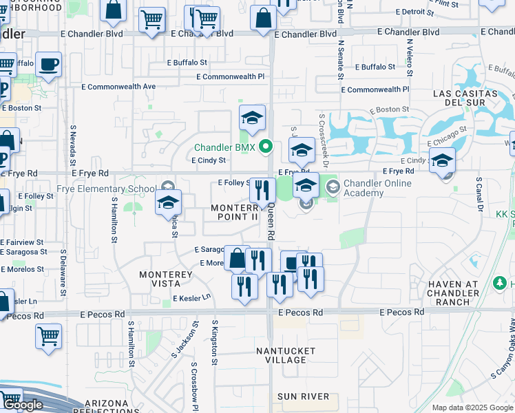 map of restaurants, bars, coffee shops, grocery stores, and more near 960 East Whitten Street in Chandler