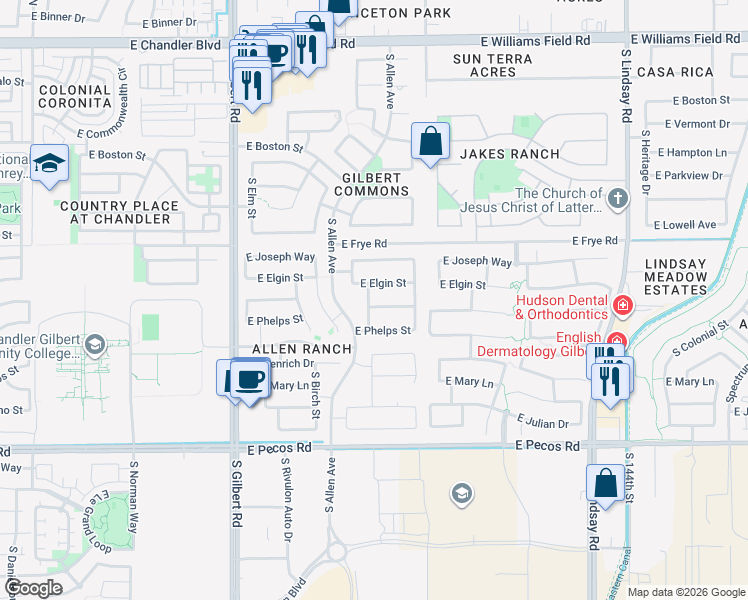 map of restaurants, bars, coffee shops, grocery stores, and more near 312 East Hopkins Road in Gilbert