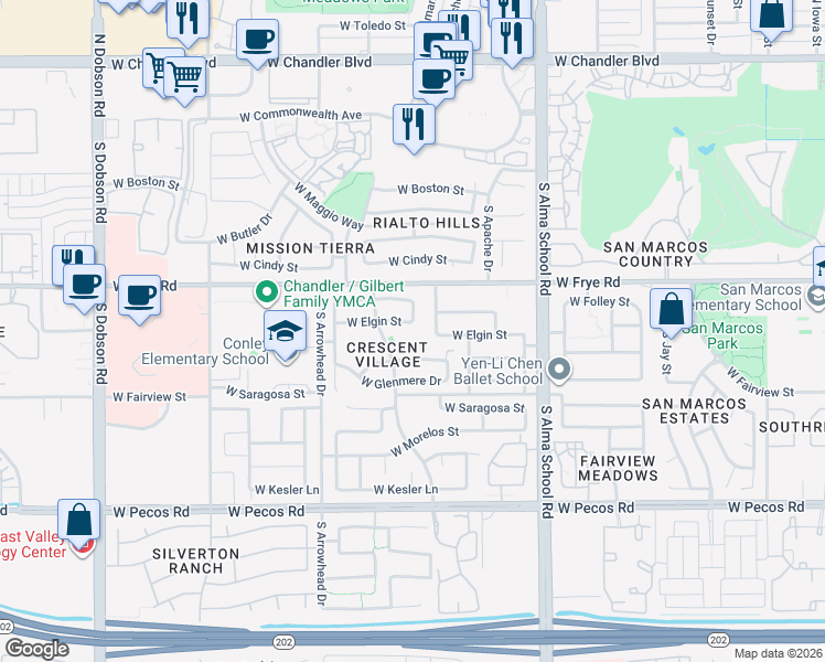 map of restaurants, bars, coffee shops, grocery stores, and more near 1301 West Elgin Street in Chandler