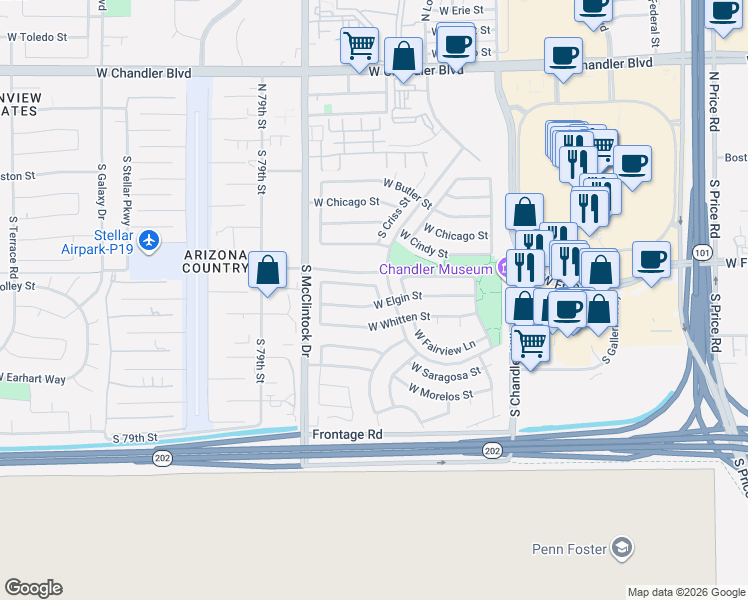 map of restaurants, bars, coffee shops, grocery stores, and more near 3801 West Elgin Street in Chandler