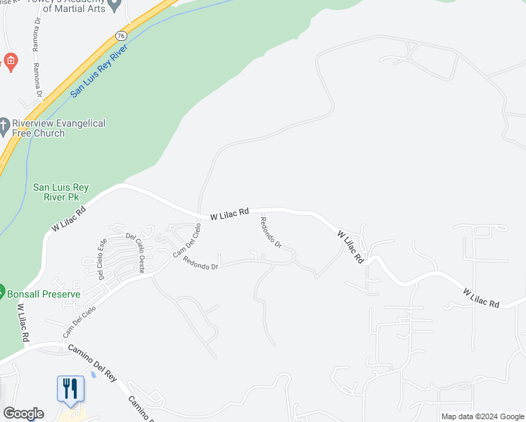 map of restaurants, bars, coffee shops, grocery stores, and more near 5748 Redondo Drive in Bonsall
