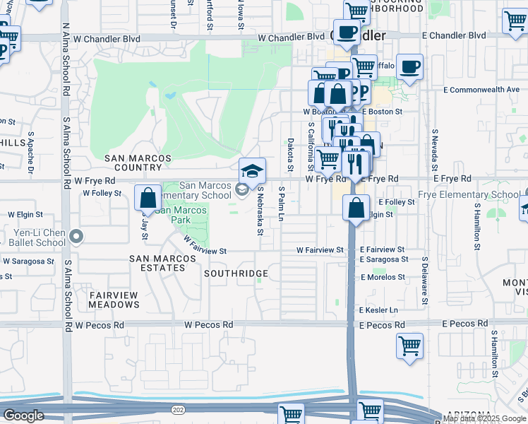 map of restaurants, bars, coffee shops, grocery stores, and more near 397 South Nebraska Street in Chandler