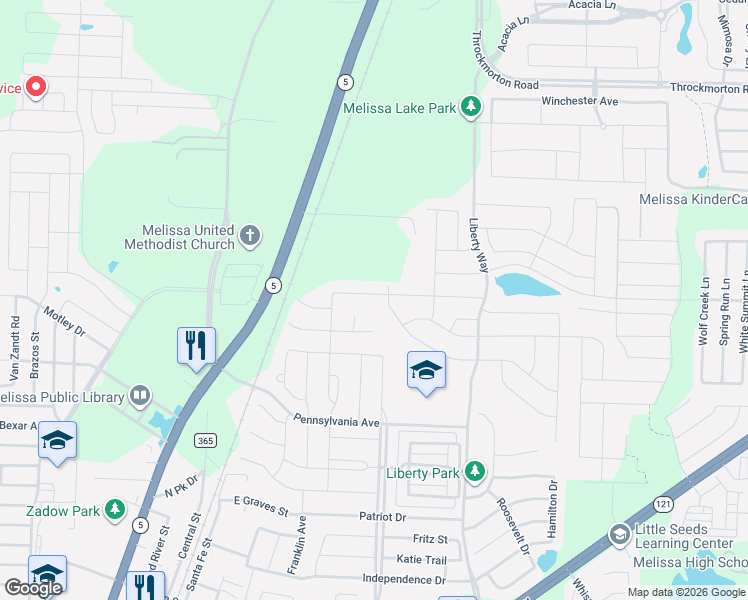 map of restaurants, bars, coffee shops, grocery stores, and more near 2404 Patton Drive in Melissa