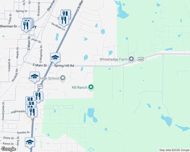 map of restaurants, bars, coffee shops, grocery stores, and more near 601 Neubauer Ranch Road in Aubrey
