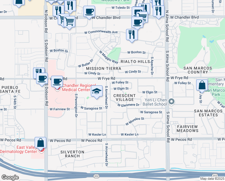 map of restaurants, bars, coffee shops, grocery stores, and more near 421 South Meadows Drive in Chandler