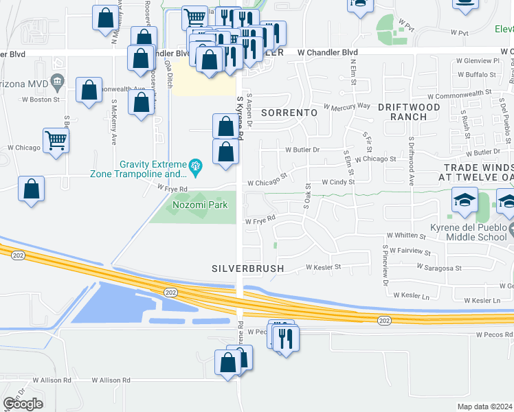 map of restaurants, bars, coffee shops, grocery stores, and more near 255 South Kyrene Road in Chandler