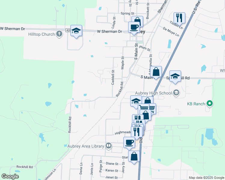map of restaurants, bars, coffee shops, grocery stores, and more near 712 Caddell Street in Aubrey