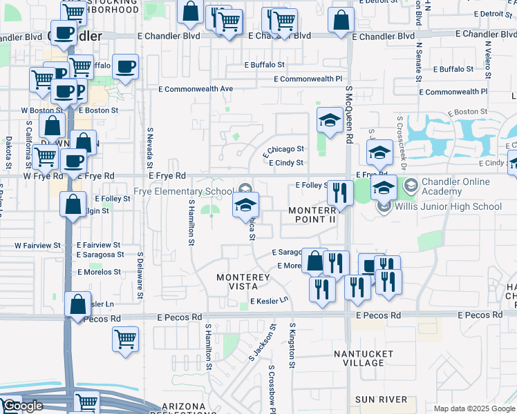 map of restaurants, bars, coffee shops, grocery stores, and more near Chandler in Chandler