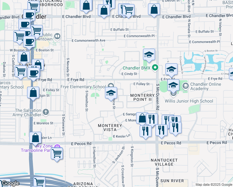map of restaurants, bars, coffee shops, grocery stores, and more near in Chandler