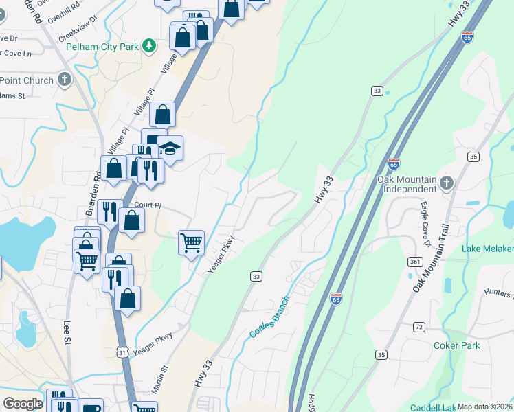 map of restaurants, bars, coffee shops, grocery stores, and more near 444 Cambrian Ridge Trail in Pelham