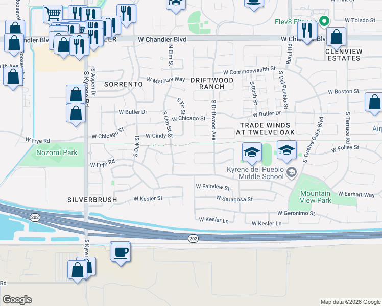 map of restaurants, bars, coffee shops, grocery stores, and more near 5512 West Elgin Street in Chandler