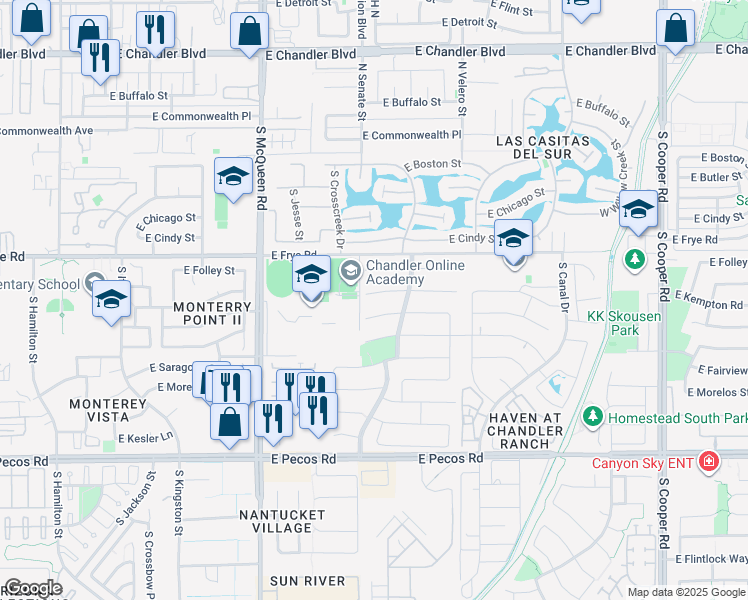 map of restaurants, bars, coffee shops, grocery stores, and more near 1344 East Whitten Place in Chandler