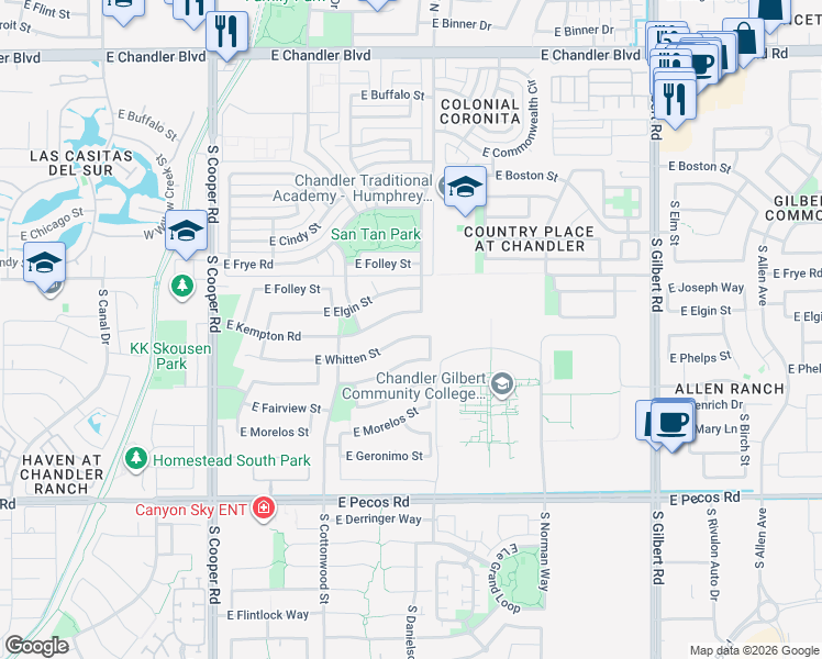 map of restaurants, bars, coffee shops, grocery stores, and more near 2451 East Whitten Street in Chandler