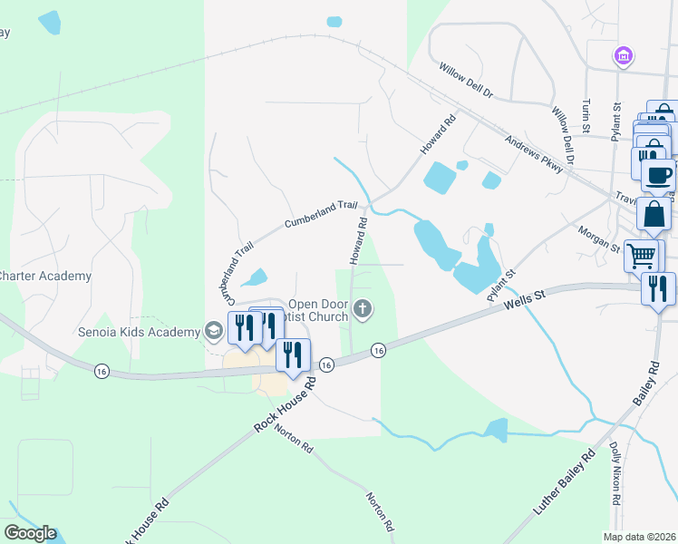 map of restaurants, bars, coffee shops, grocery stores, and more near 310 Howard Road in Senoia