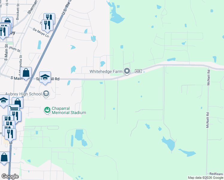 map of restaurants, bars, coffee shops, grocery stores, and more near 800 Spring Hill Road in Aubrey