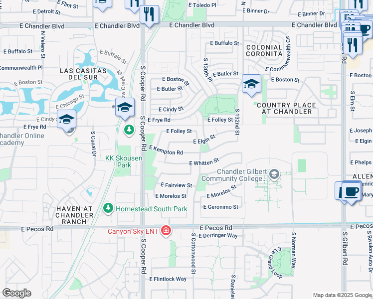 map of restaurants, bars, coffee shops, grocery stores, and more near 2273 East Kempton Road in Chandler