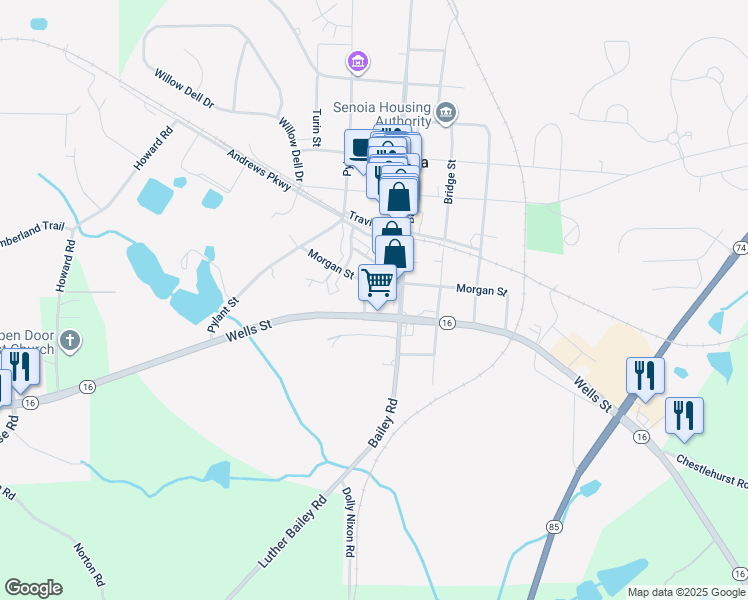 map of restaurants, bars, coffee shops, grocery stores, and more near 7780 Wells Street in Senoia