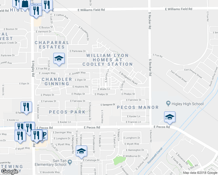 map of restaurants, bars, coffee shops, grocery stores, and more near 3716 East Waite Lane in Gilbert