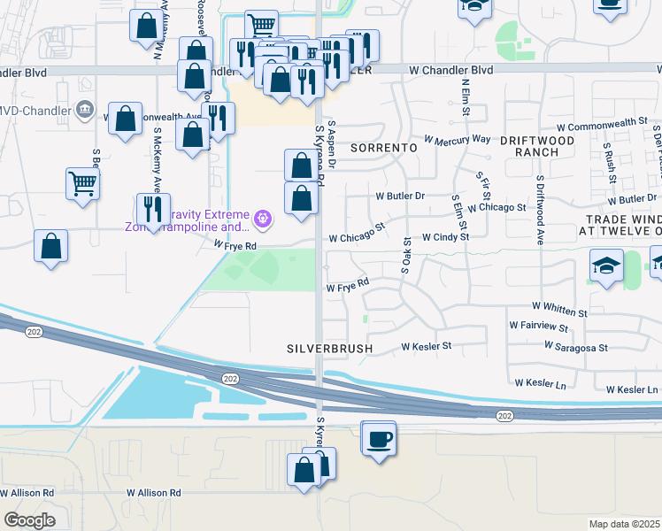 map of restaurants, bars, coffee shops, grocery stores, and more near 255 South Kyrene Road in Chandler