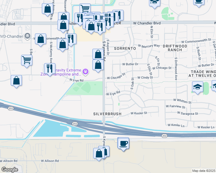 map of restaurants, bars, coffee shops, grocery stores, and more near 255 South Kyrene Road in Chandler