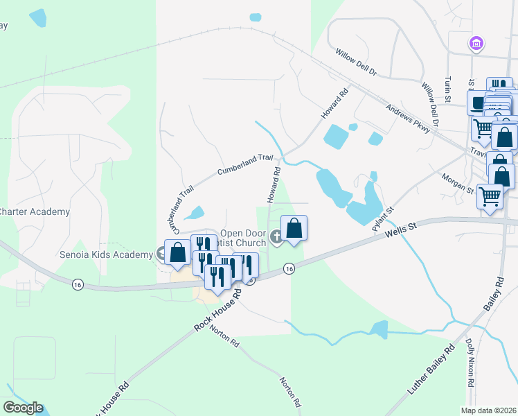 map of restaurants, bars, coffee shops, grocery stores, and more near 310 Howard Road in Senoia