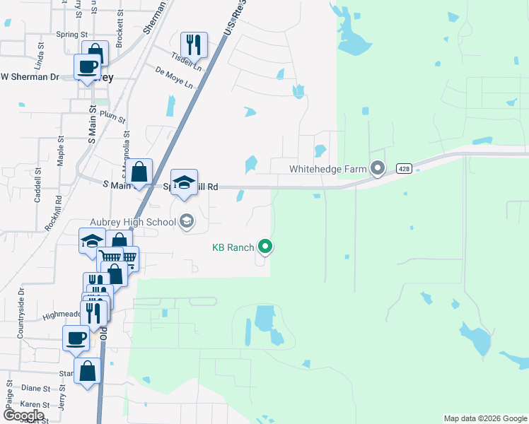 map of restaurants, bars, coffee shops, grocery stores, and more near 601 Neubauer Ranch Road in Aubrey