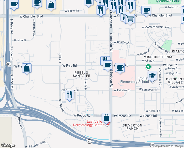 map of restaurants, bars, coffee shops, grocery stores, and more near 2225 West Frye Road in Chandler