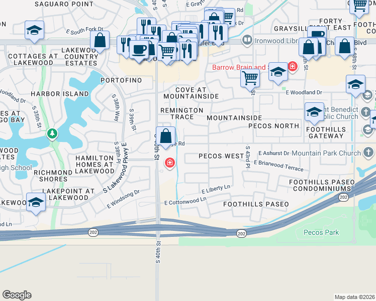 map of restaurants, bars, coffee shops, grocery stores, and more near 16421 South 41st Street in Phoenix